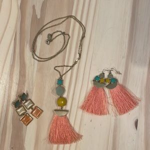 Ann Taylor Factory Coral Dangle Earrings and Matching Long Necklace (3 Pieces)